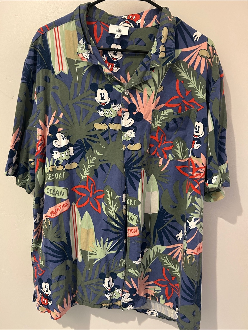 Disney Mickey Mouse Navy Blue Green Tropical Camp Shirt